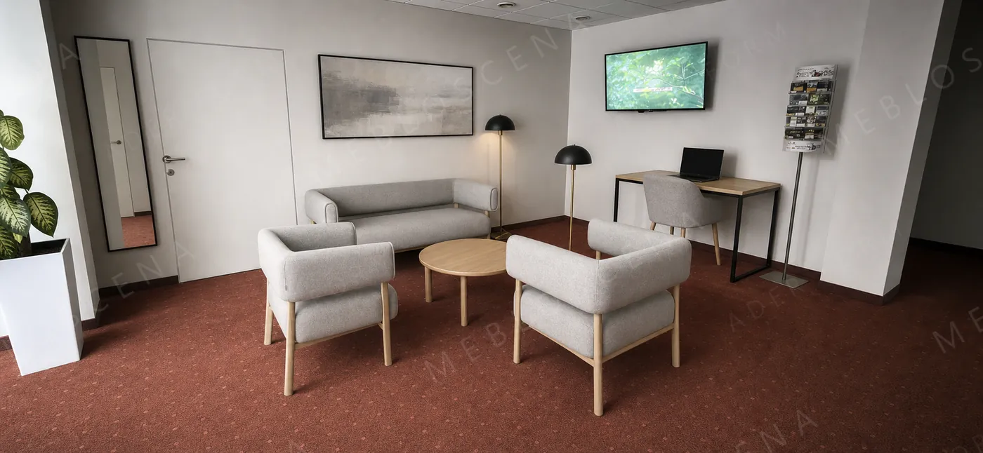 Lobby Olsztyn z wykładziną w kolorze ceglastym, kadr zgodny ze zdjęciem stanu obecnego